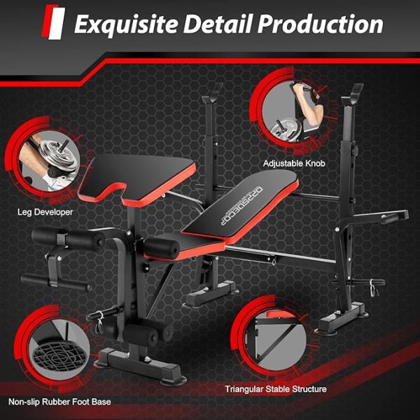 OPPSDECOR 6 in 1 600lbs Weight Bench Set with Squat Rack, Bench Press Set with Barbell Rack, Adjustable Incline Strength Training Workout Bench with Leg Developer Preacher Curl for Home Gym PXZXYX1